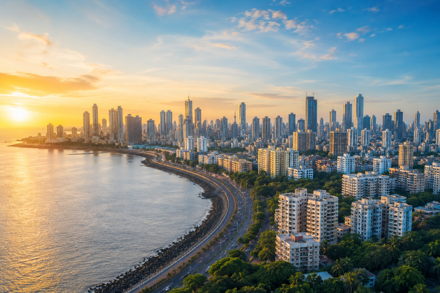 Mumbai waterfront skyline at sunset